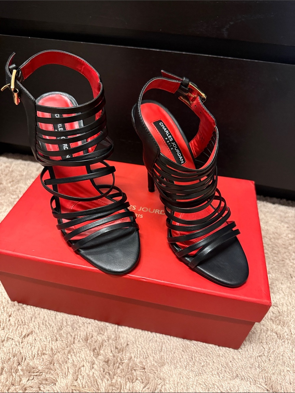 Charles Jourdan Black Strappy Heels with Red Insole